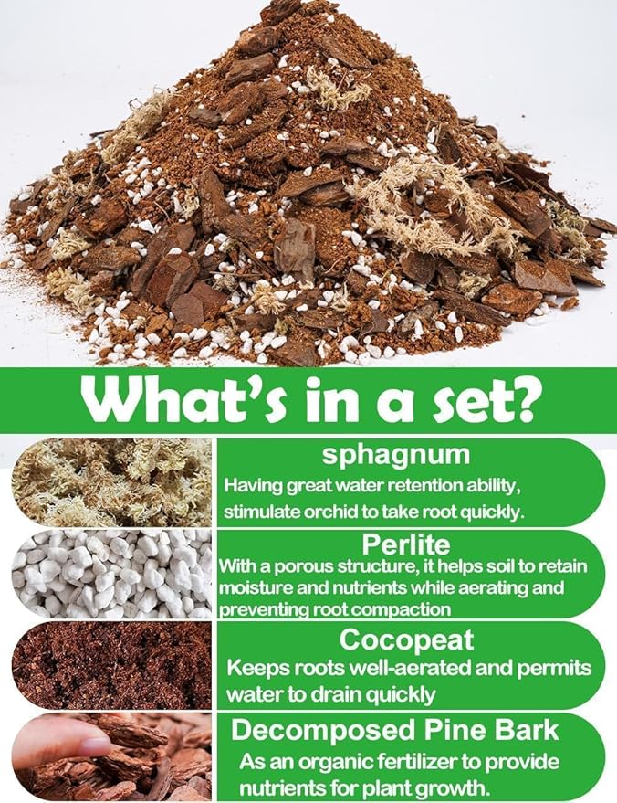 TOYPOPOR Orchid Potting Mix for Repotting with Moss Pine Bark Mulch Perlite Stone and Coco Peat Natural Ingredients, Orchid Bark Potting Mix Orchid Repotting Kit Drainage Indoor Potting Medium 1qt