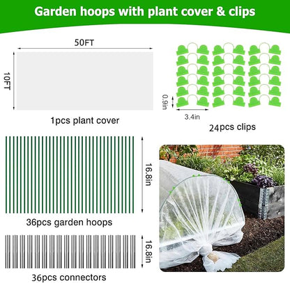 Plant Cover Freeze Protection 10x50ft Garden Hoops Kit for Winter, Fabric Floating Row Cover Frost Cloth Outdoor Plant Blanket for Frost Snow Protection, Greenhouse Garden Tunnel Hoops for Raised Beds