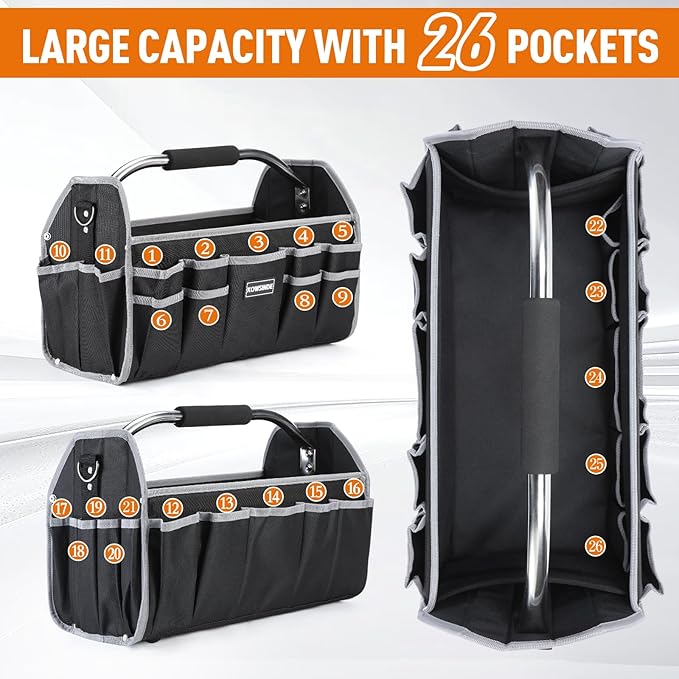 18 Inch Tool Bag, Electrician Tool Bag, Open Top Tool Bags, 26 Pockets Can Hold Many Tools, Steel Handle and Removable Shoulder Strap