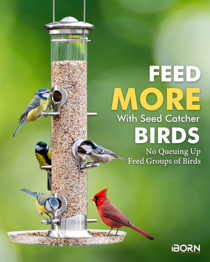 iBorn Bird Feeders Seed Catcher for Outside Hanging 6 Port Bird Feeder for Cardinal Birds Aluminium Metal,Brushed Nickle Finishing 14 Inch 6 Port (Seed is not Included)