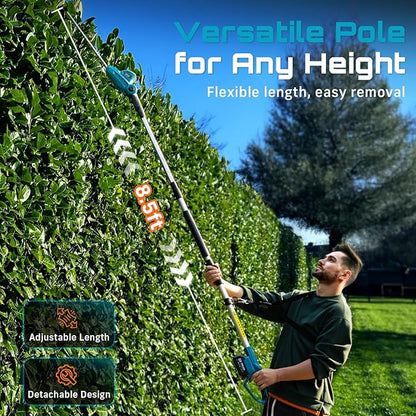 SEESII Pole Hedge Trimmer Cordless: Electric Bush Trimmer Tool for Yard - 16" Dual-Action Blade, Detachable Telescoping Pole, Dual 4.0Ah Battery, Powerful Branches Cutter for Tree & Shrubs Pruning