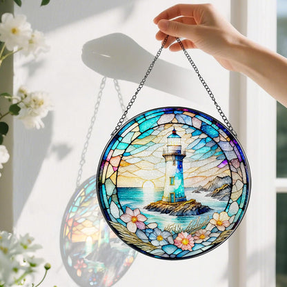 Stained Glass Window Hanging, Pauyadu Lighthouse Sun Catchers, Stained Glass Suncatcher, Lighthouse Decor Gifts for Women, Men, Lovers, Friend, Family and Partners- 8 Inch