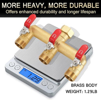 EBH Garden Hose Splitter, 3-Way High Flow Heavy Duty Brass Outdoor Hose Manifold with Long Handles Full Flow Faucet Adapter- 3/4” GHT(RED)