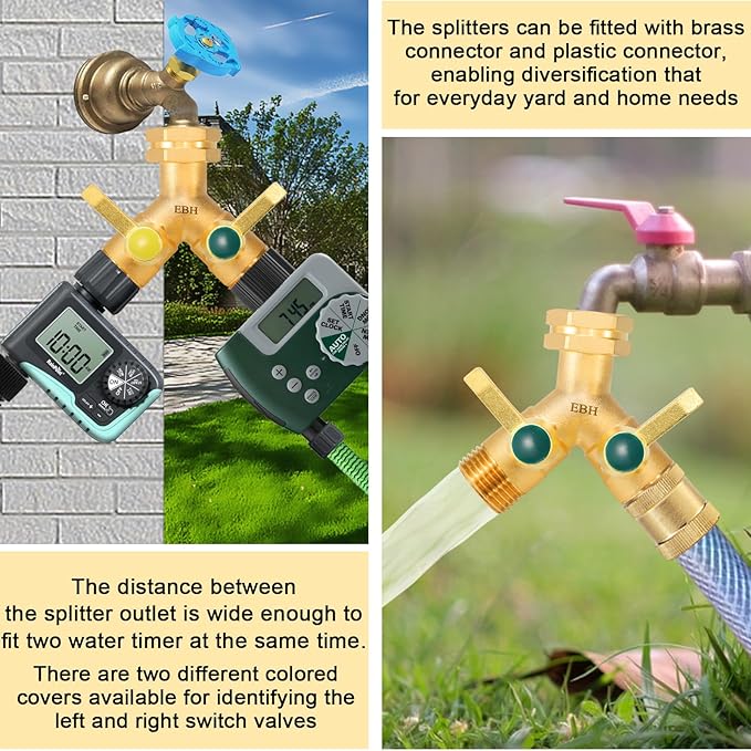 EBH Garden Hose Splitter 2 Way Full Flow, Y Valve High Flow Brass Hose Diverter, Metal Long Handle With Shutoff, GHT 3/4-Inch Heavy Duty Hex Female Inlet and 3/4-Inch Male Outlet