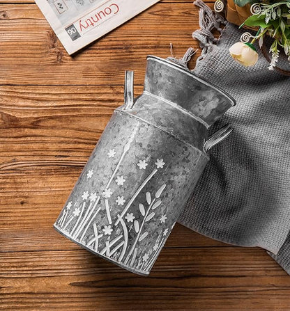 Vintage Galvanized Metal Milk Can, Farmhouse Rustic Flower Pitcher Vase, Decorative Floral Milk Jug Vase for Home Décor, 10.8’’H