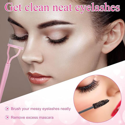 17 Pcs Eyelash Curlers Kit Lash Curler Eyelash Comb Seperator Extension Tweezers Eyebrow Brush Scissors False Eyelashes Applicator Eyebrow Trimmer Silicone Refills Pads for Women(Pink)