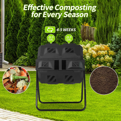 Outdoor Compost Bin 43 Gallon, Dual Chamber Tumbling Composter, Heavy-Duty Composting Bin for Garden, Kitchen, Yard, Kitchen Composter, Compost Bin Outdoor with Sliding Doors (Black)