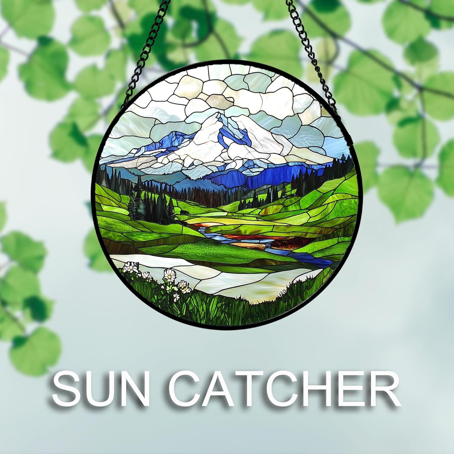 Stained Glass Window Hanging 4 Pcs Set Mountains Lake Green White Landscape Large 11.8" - Suncatcher Door Garden Sun Catcher Decor Birthday Christmas for Mom Woman Nana Men