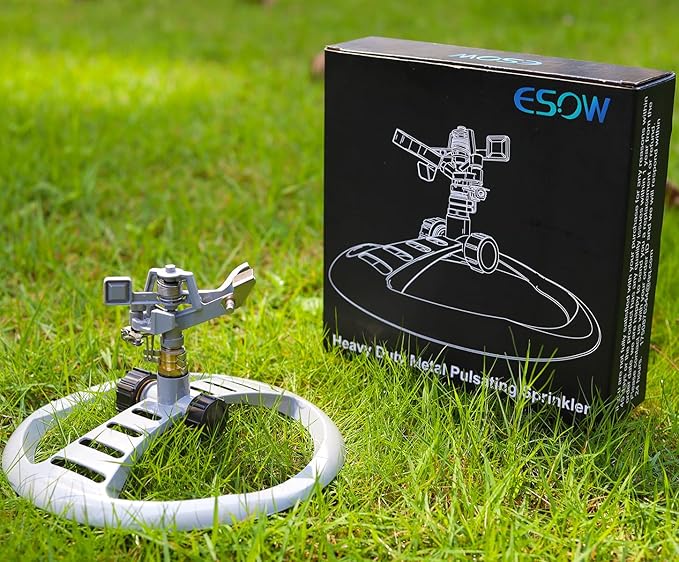 ESOW Metal Pulsating Sprinkler with Heavy Duty Metal Base, Garden Lawn Sprinkler 360 Degree Rotating with Adjustable Spray Pattern for Garden Lawn, Outdoor, Water Coverage up to 5,800 Sq.