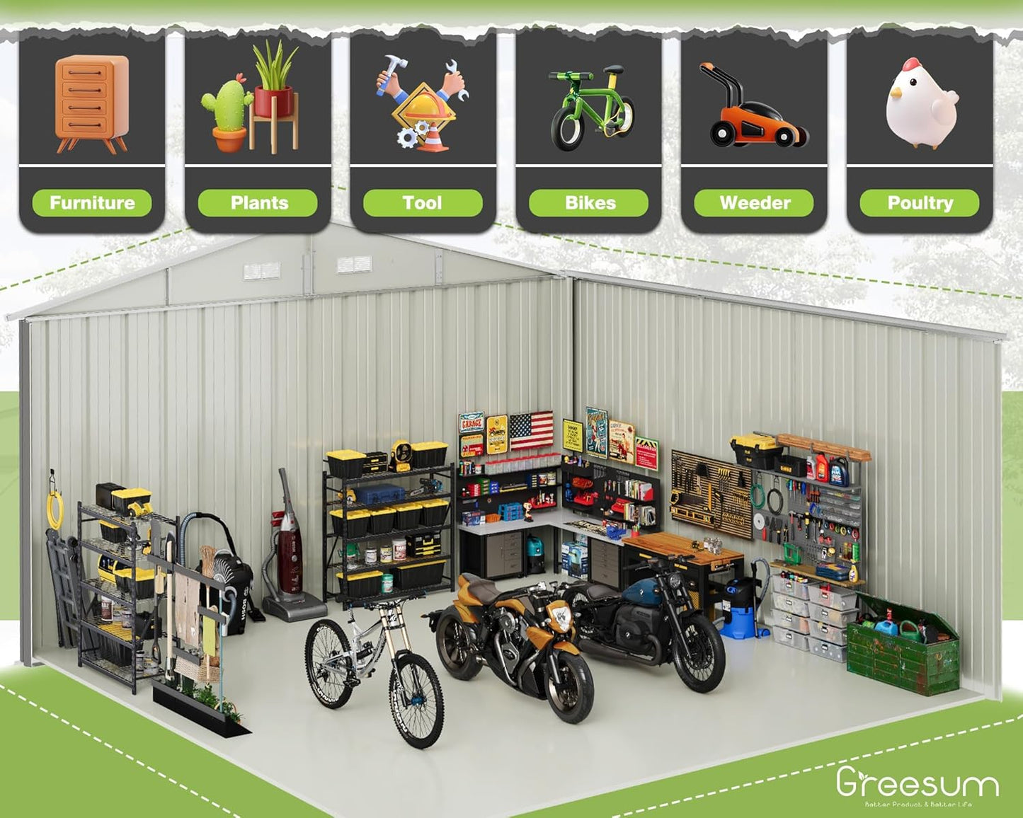 Greesum 10x10FT Outdoor Storage Shed, Utility Tool Shed Metal Storage Garden Shed with Door & Lock for Patio Storage, Gray