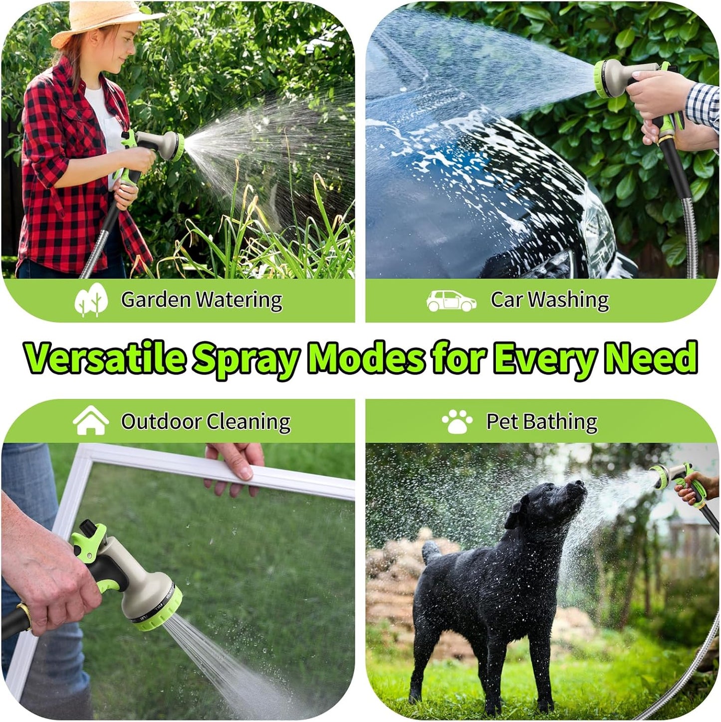 GOXAWEE Garden Hose 25FT, Stainless Steel Heavy Duty Water Hose With 10 Function Nozzle, No-Kink, Tough & Flexible, Sturdy and Lightweight, Rust Proof for Yard, Outdoor, RV