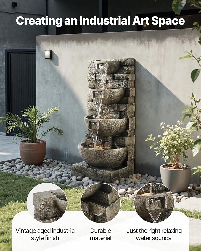 VEVOR Outdoor Water Fountain, 35.63 in Height Fountain and Waterfall, 4-Tier Floor Standing Cascading Fountains with LED Light and Pump, Block Stack Style, for Outdoor Indoor Garden, Patio & Backyard