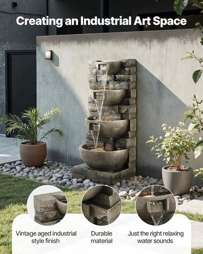 VEVOR Outdoor Water Fountain, 35.63 in Height Fountain and Waterfall, 4-Tier Floor Standing Cascading Fountains with LED Light and Pump, Block Stack Style, for Outdoor Indoor Garden, Patio & Backyard
