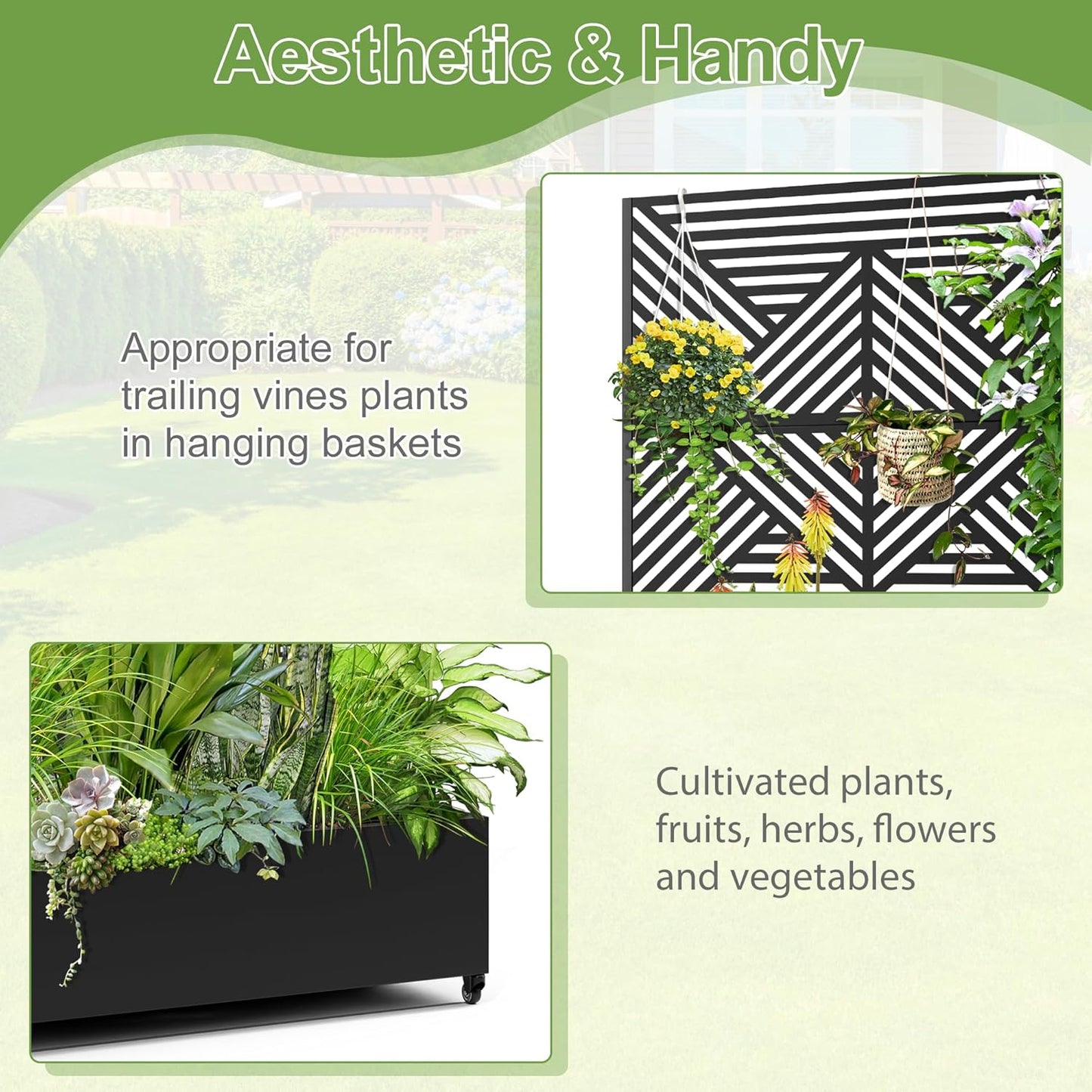 Raised Garden Bed with Trellis and Wheels,73"x47"x16" Metal Raised Garden Bed,Black Diamond Metal Planter with Climbing Trellis for Vines & Vegetables