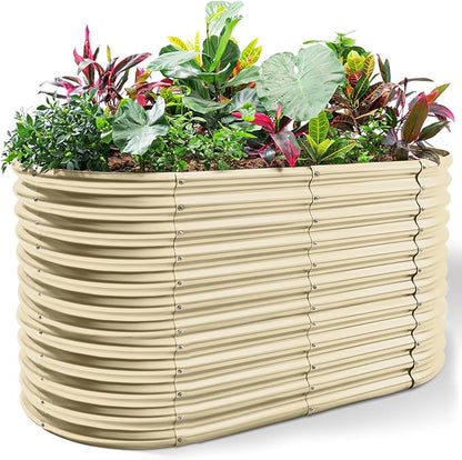 Land Guard 6x3x3ft Oval Galvanized Raised Garden Beds, Large-Capacity Metal Planter Box Outdoor, Durable Deep Raised Garden Bed 3ft Tall, Raised Beds for Gardening Vegetables, Cream Yellow