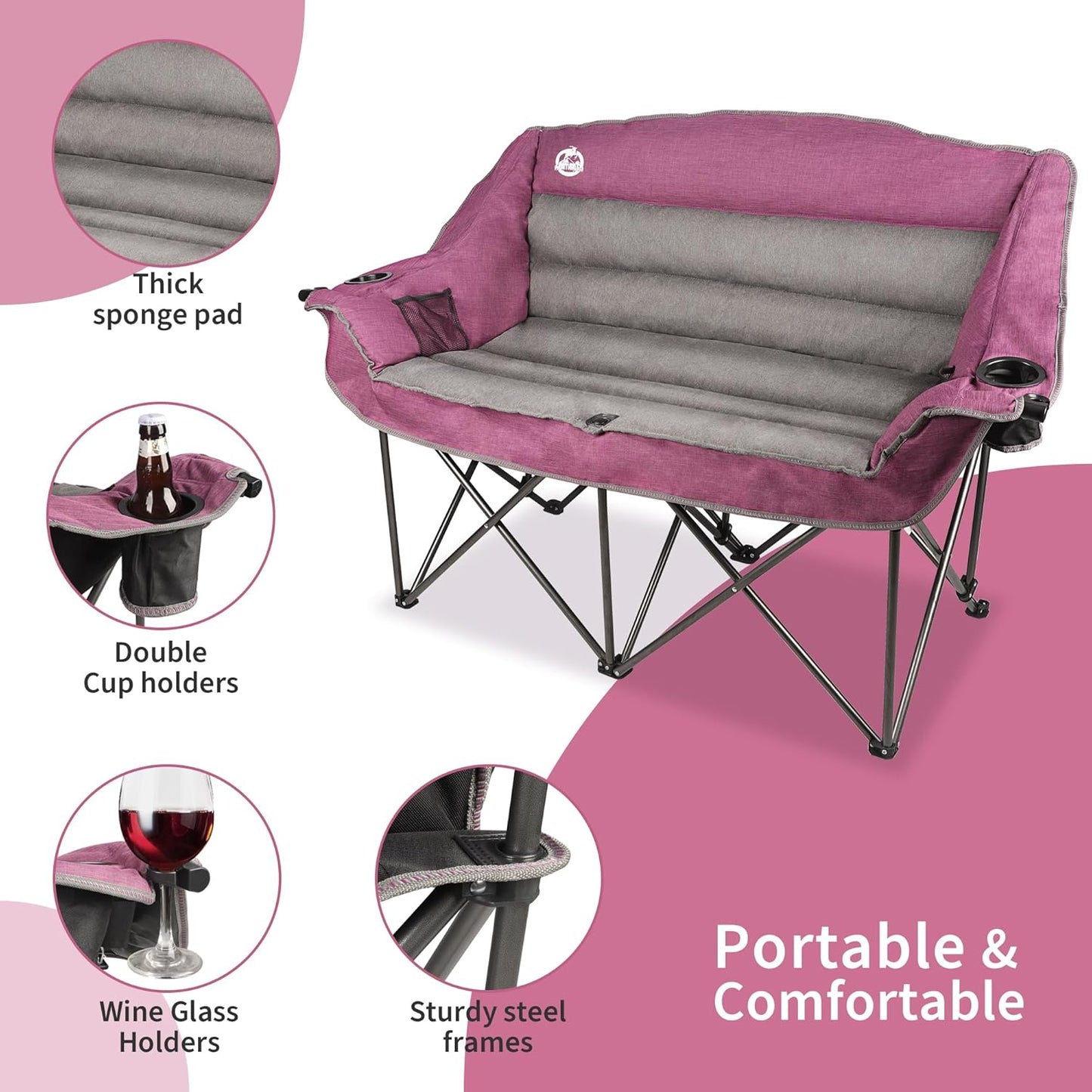 Northroad Oversized Double Camping Chair, Fully Padded Loveseat, Heavy Duty Folding Duo Chair w/Cup Holders, Armrests & Carry Bag, Supports up to 600lbs, Purple