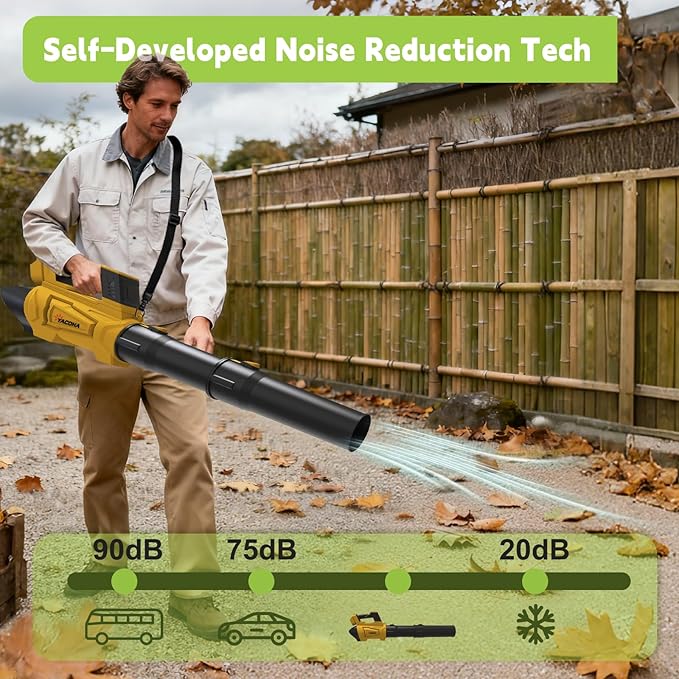 Leaf Blower Cordless Brushless with 6Ah Battery*2 and Charger, Strap, 21V Quiet 6-Speed Electric Leaf Blower with Display for Lawn Care, Leaves & Snow(Yellow)