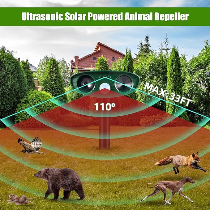 4 Pack Solar Animal Repellent Ultrasonic Deer Repellent Devices Cat Deterrent Outdoor Waterproof with Motion Sensor Solar Animal Repeller for Squirrel,Dog,Raccoon,Skunk,Rabbit for Yard Garden