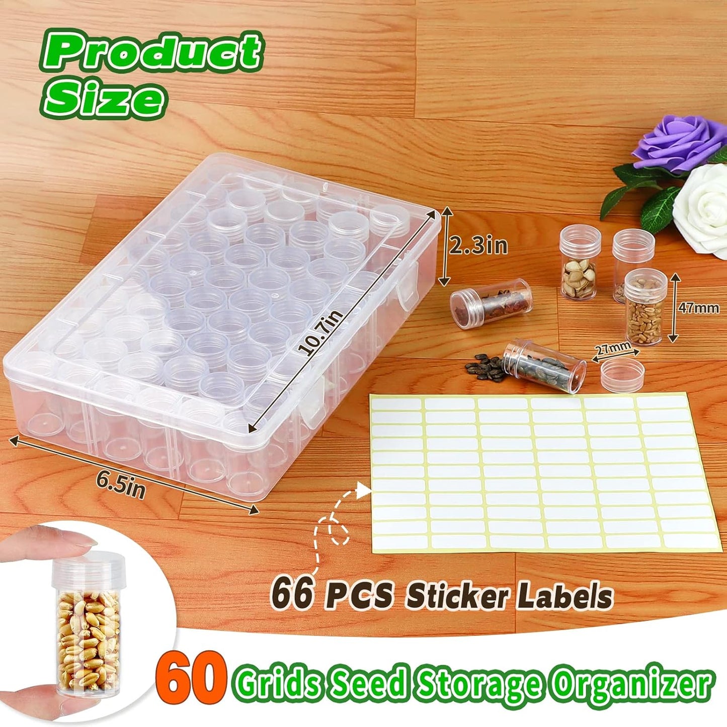 60-Slots Seed Storage Organizer Box with Label Stickers, Seed Storage Container for Flower Plants, Seeds & Bulbs, Flower, Vegetable, Clover and Basil Seeds, Gardening Supplies & Organizer