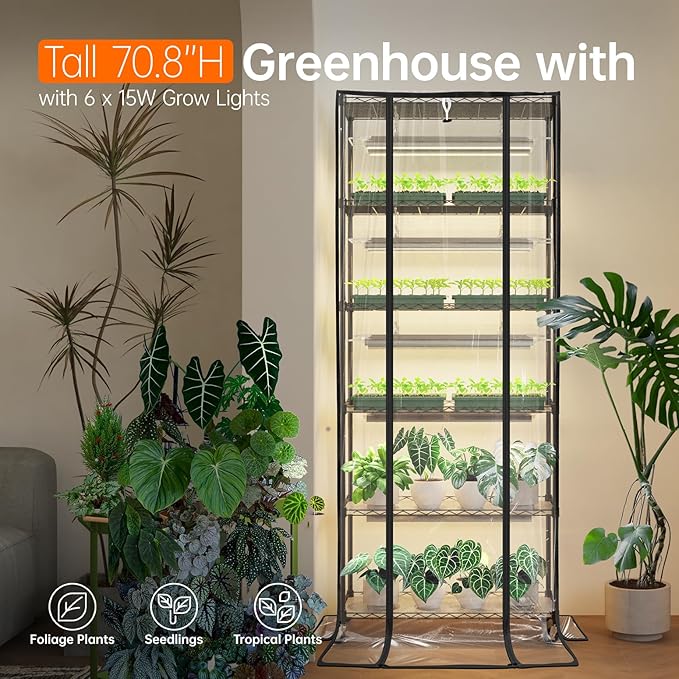 Bstrip 71" Indoor Greenhouse with Grow Light, 6-Tier DIY Plant Shelf with Adjustable Rack and Wheels, 8-Pack 192W Full Spectrum LED Plant Light for Indoor Plants, Seed Starting, (29.5" L x 13.8" W)