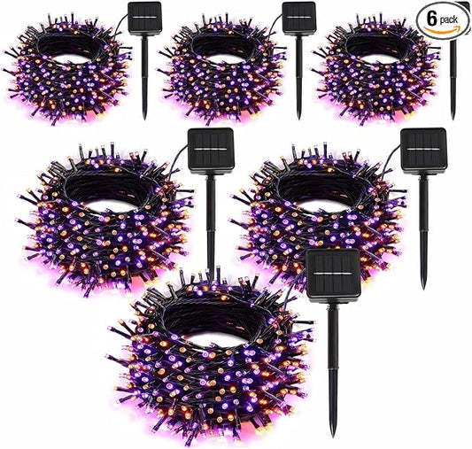 6-Pack Solar String Lights, 600 LED Extra-Long 236Ft Solar Halloween Lights Outdoor Waterproof, 8 Modes Led Halloween Light for Garden, Patio, Wedding(Purple & Orange)