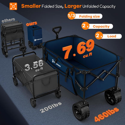 220L Collapsible Wagon Cart Foldable, 460lbs Load Capacity Heavy Duty Folding Beach Wagons with Big All-Terrain Wheels, Utility Carts for Groceries, Shopping, Camping, Sports - Blue