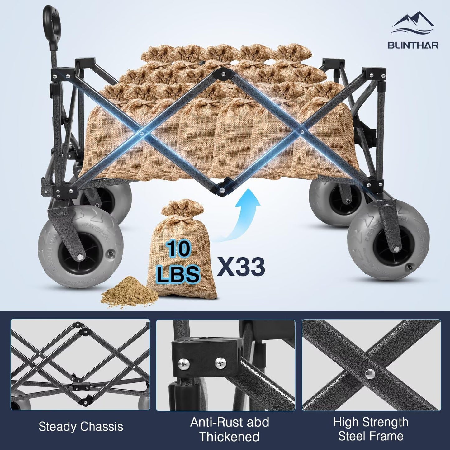 Beach Wagon with Big Wheels for Sand, Heavy Duty Harder Sand Collapsible Folding Wagon with All-Terrain 9" Pneumatic Ballon Tires, Utility Wagon for Garden Sports Camping Outdoor Activities