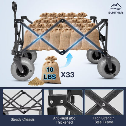 Beach Wagon with Big Wheels for Sand, Heavy Duty Harder Sand Collapsible Folding Wagon with All-Terrain 9" Pneumatic Ballon Tires, Utility Wagon for Garden Sports Camping Outdoor Activities