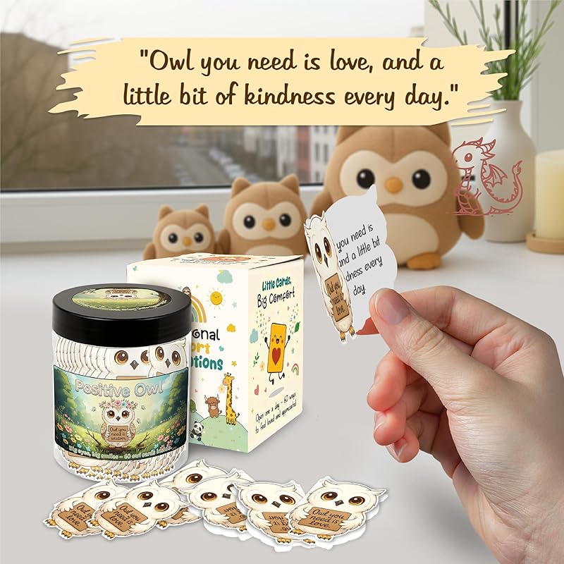Positive Owl Jar With 60 Affirmation Cards – Emotional Support Owl Gifts For Women, Stress Relief And Daily Encouragement, Owl Themed Gifts, Positive Affirmations Cards, Office Decor For Women