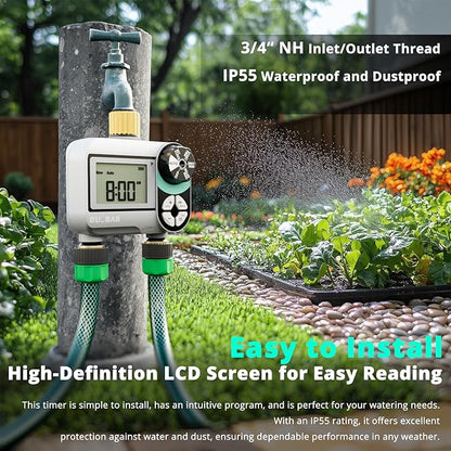 QUOBAS 2 Zone Sprinkler Timer with Brass Inlet & Outlet, Programmable Water Timer for Garden Hose with Rain Delay/Manual Watering/Automatic Irrigation Controller System for Yard, Lawn