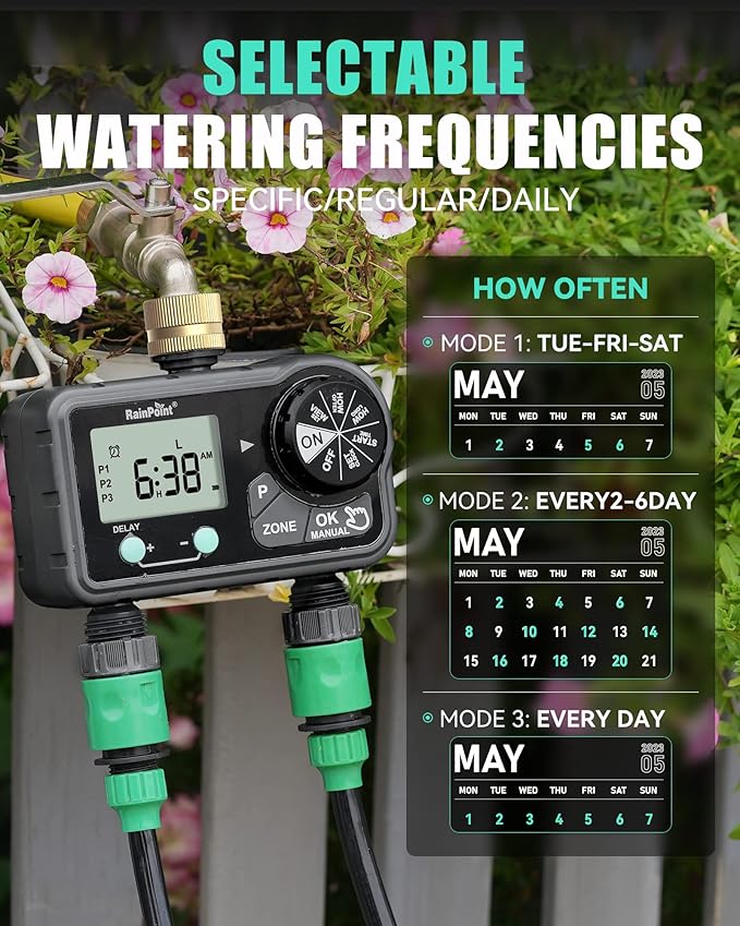 RAINPOINT Brass Sprinkler Timer 2 Stations, Large Digital Water Timer for Garden Hose with 6 Programmable Procedure, with Delay/Manual/Auto Irrigation Mode for Week/Specific/Daily Watering