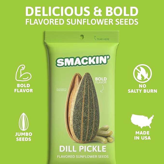 SMACKIN' Sunflower Seeds, Roasted Jumbo Small-Batch, American Made - Dill Pickle. 1.5oz bags (6 Pack)