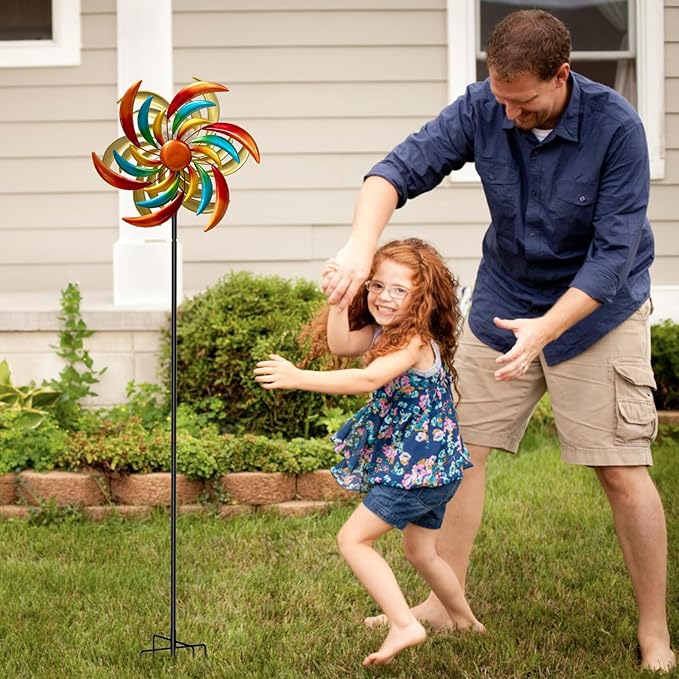 360° Wind Spinners Outdoor with Solar Lights Colored Leaves Garden Decor Yard Lawn Art Decor for Patio Kinetic Windmills Unique Gifts for Friends and Family 60.63'' H x 13.38'' Dia