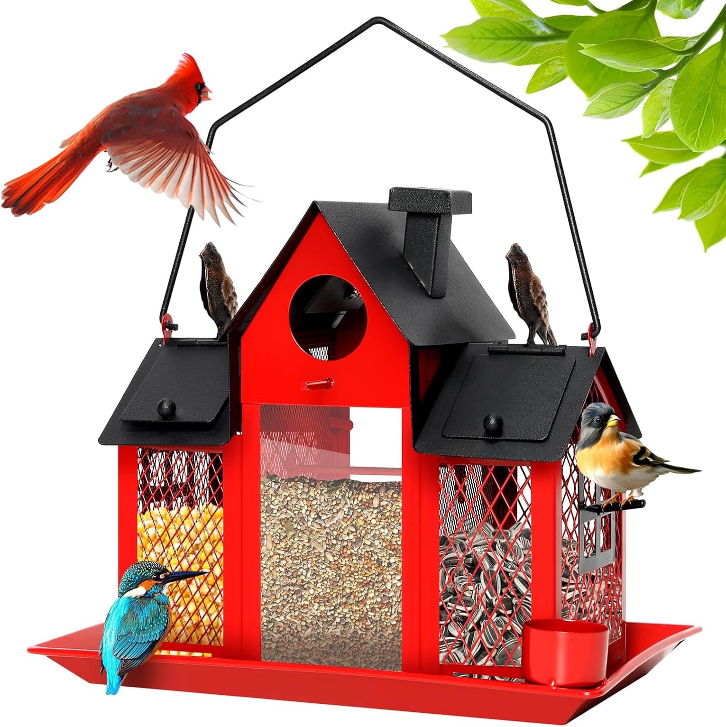 Solar Bird Feeders House for Outdoors Hanging, 7LBS Large Capacity Metal Wild Bird Feeder Squirrel Proof for Outside with Water Cup, Cardinal Birdfeeder Birdhouses Gift for Bird Lovers (Red)