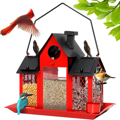 Solar Bird Feeders House for Outdoors Hanging, 7LBS Large Capacity Metal Wild Bird Feeder Squirrel Proof for Outside with Water Cup, Cardinal Birdfeeder Birdhouses Gift for Bird Lovers (Red)