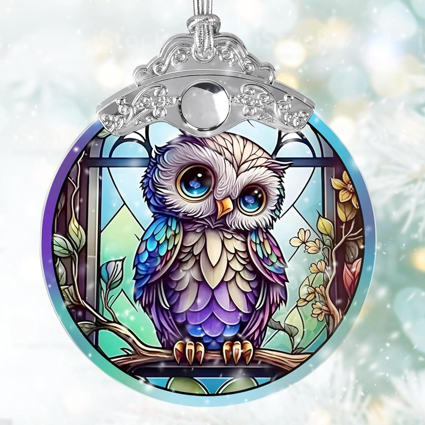 Owl Stained Glass Suncatcher and Christmas Ornament - Holidays Decor for Owl Lovers