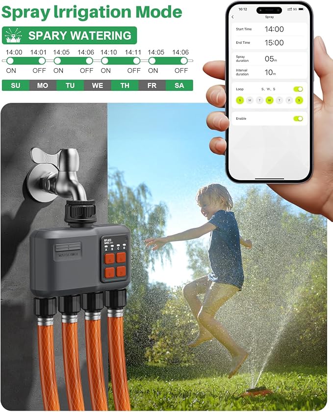 WiFi Sprinkler Timer 4 Zone with 984 Feet RF Gateway, 4 Outlet Smart Water Timer for Garden Hose with Rain Delay/Manual/Automatic,WiFi Water Hose Timers for Garden & Lawns
