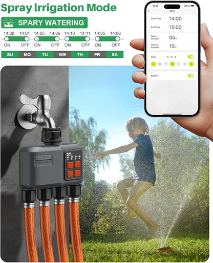 WiFi Sprinkler Timer 4 Zone with 984 Feet RF Gateway, 4 Outlet Smart Water Timer for Garden Hose with Rain Delay/Manual/Automatic,WiFi Water Hose Timers for Garden & Lawns