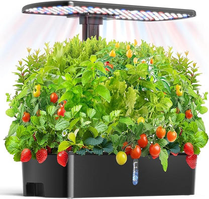 Hydroponics Growing System Kit 12 Pods Indoor Garden, Hydroponic Indoor Herb Garden Kit with Grow Light, Smart in Door Gardening, Adjustable Height, Auto Timer, Quiet Pump, Gift for Mom Women, Black