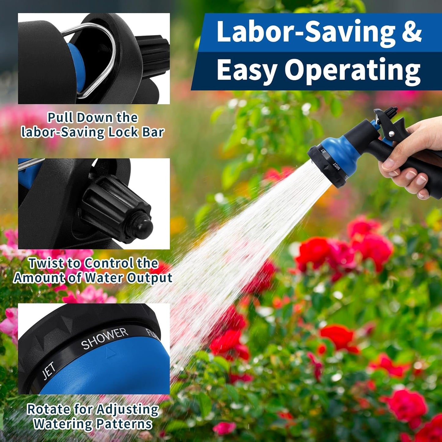 NEXCOVER Garden Hose Nozzle Sprayer - 7 Adjustable Watering Patterns Nozzle for Water Hose, Non-Slip Garden Spray Nozzle for Car Washing, Watering Plants, Pets Showering, Lawns Cleaning, Blue