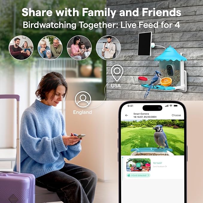 BirdsView Solar Powered Bird Feeder with 2K Ai Camera, Hummingbird Feeder, Bird House Camera, Live Alerts & Species Recognition – Gift for Bird Lovers