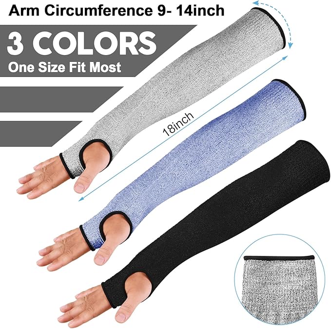 JaGely 6 Pairs Level 5 Cut Resistant Sleeves with Thumb Hole 18 Inches Arm Protection Sleeve Farmer Gardening (Black,Gray,Blue)