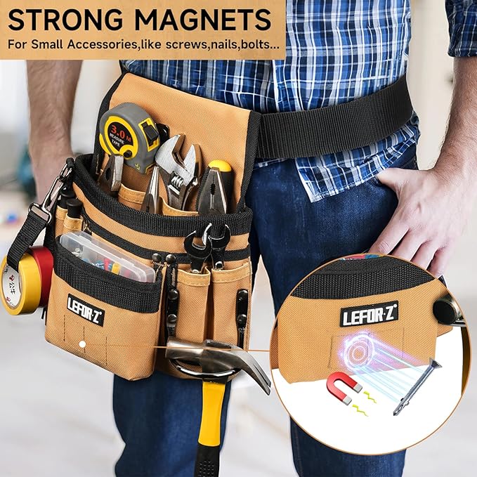 Tool Belt,Magnetic Tool Pouch,14-Pockets Tool Belts for Men,Detachable & Adjustable Tool Pouch belt for Electrician,Carpenter,Construction,Work Apron,Utility Belt,Black-Brown