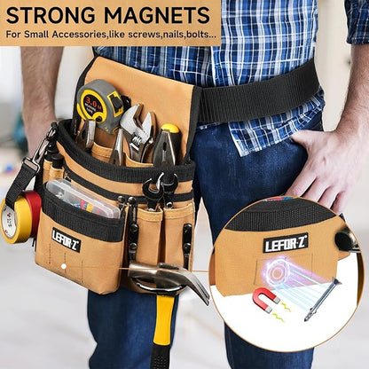 Tool Belt,Magnetic Tool Pouch,14-Pockets Tool Belts for Men,Detachable & Adjustable Tool Pouch belt for Electrician,Carpenter,Construction,Work Apron,Utility Belt,Black-Brown