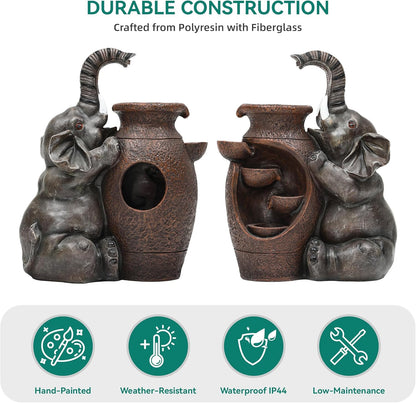 Elephant Outdoor Water Fountain with LED Lights and Pump, 18.9" Tall Resin Garden Waterfall Feature for Patio, Porch, Yard