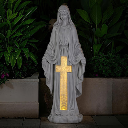 Solar Virgin Mary Praying Statue 27.9 Inch- Outdoor Religious Garden Decor with LED Lights, Weather-Resistant Magnesium Oxide Sculpture for Yard, Patio, Entryway （White Solar Virgin Mary）