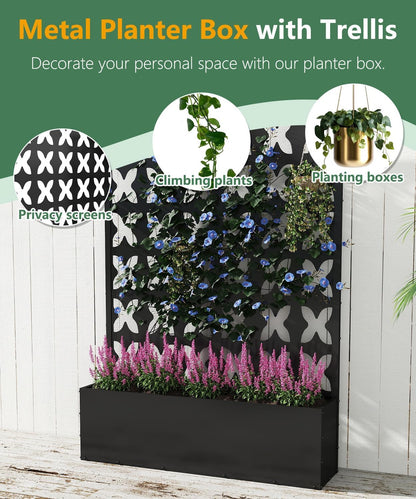 2PCS Metal Planter Box with Trellis,70.9"x47.2"x15.7" Raised Garden Bed with Drainage Holes, Privacy Planters for Outdoor Garden Bed for Climbing Plants,Vegetables,and Vines, Black-X