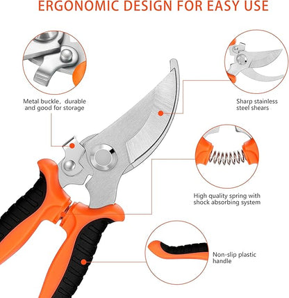 5 pack Garden Pruning Shears Stainless Steel Blades, Handheld Scissors Set with Gardening Gloves,Heavy Duty Garden Bypass Pruning Shears,Tree Trimmers Secateurs, Hand Pruner (Orange)