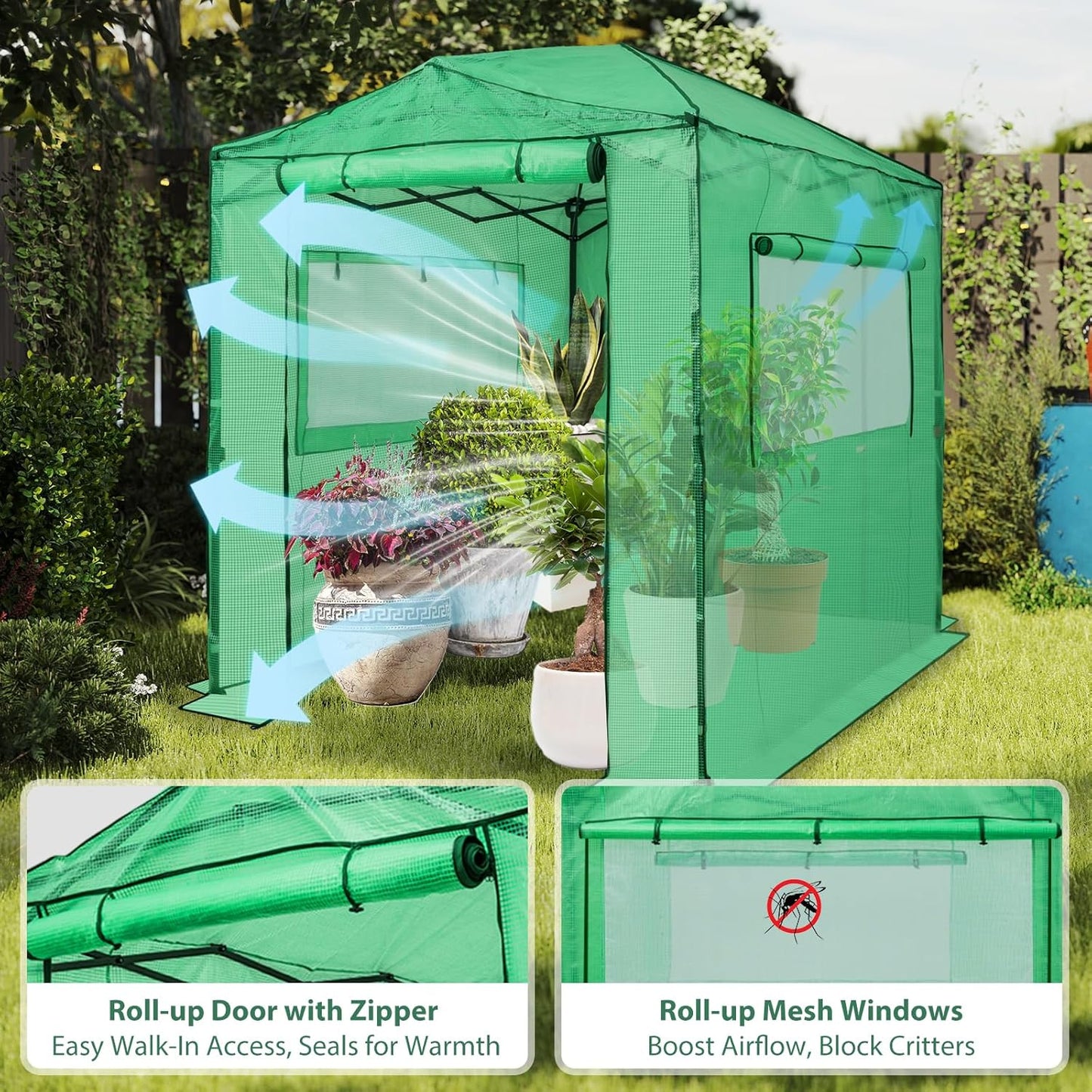 EAGLE PEAK Instant Pop-up Greenhouse, Indoor Outdoor Plant Gardening Green House, Roll-Up Zipper Doors and Side Windows, Walk in 8x6 ft, PE Cover, Green/Clear