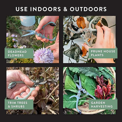 Modern Sprout Hand Pruners & Shears Set - Lightweight Gardening Tools W/Easy Lock - Sharp Carbon Steel Blades -Rust Resistant Scissors for Herbs, Flowers - Reusable Holster - Ocean